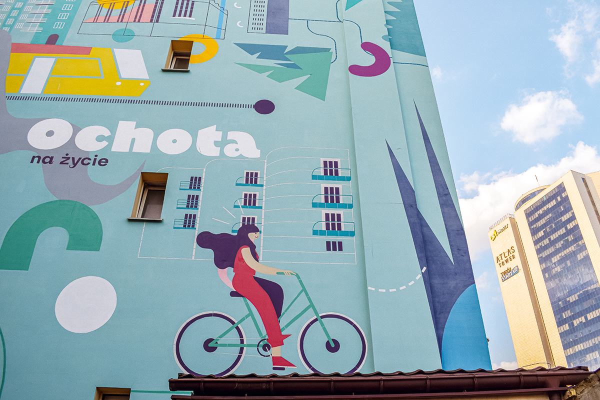 ochota na życie atlas tower mural graffiti abstract bike blue wall warsaw